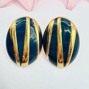Vintage Monet Navy Blue Gold Tone Stripe Oval Signed Earrings 80s 90s Retro Chic
